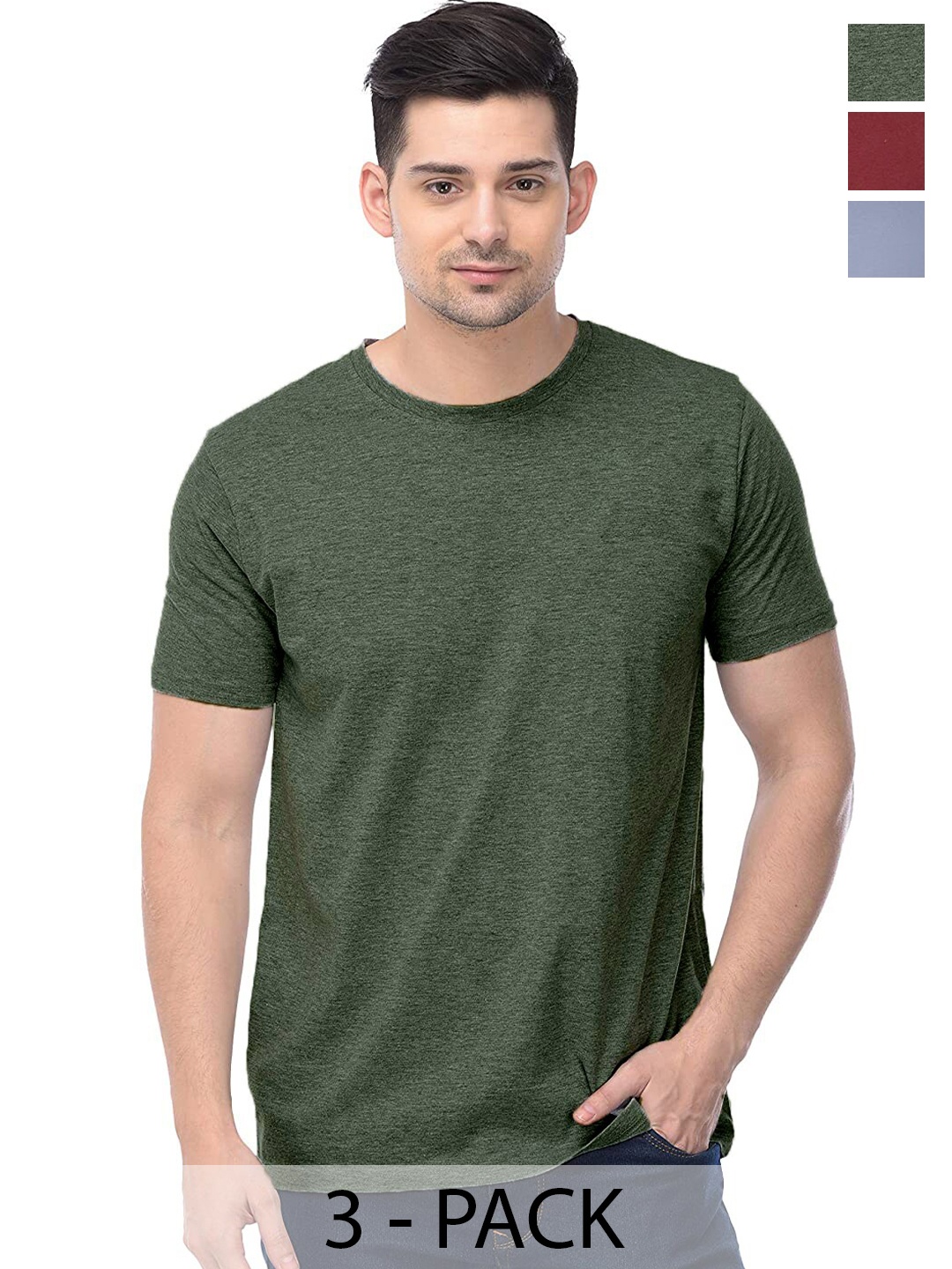 COLOR CAPITAL Pack Of 3 Round Neck Short Sleeves Cotton T-shirts, Green