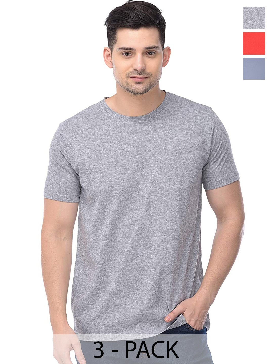 COLOR CAPITAL Unisex Pack Of 3 Round Neck Casual Cotton T-shirt, Grey melange