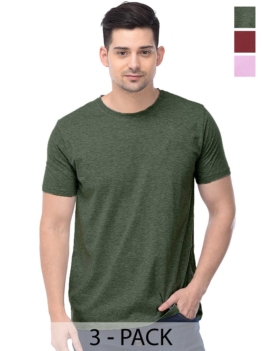

COLOR CAPITAL Unisex Pack Of 3 Round Neck Cotton Casual T-shirt, Green