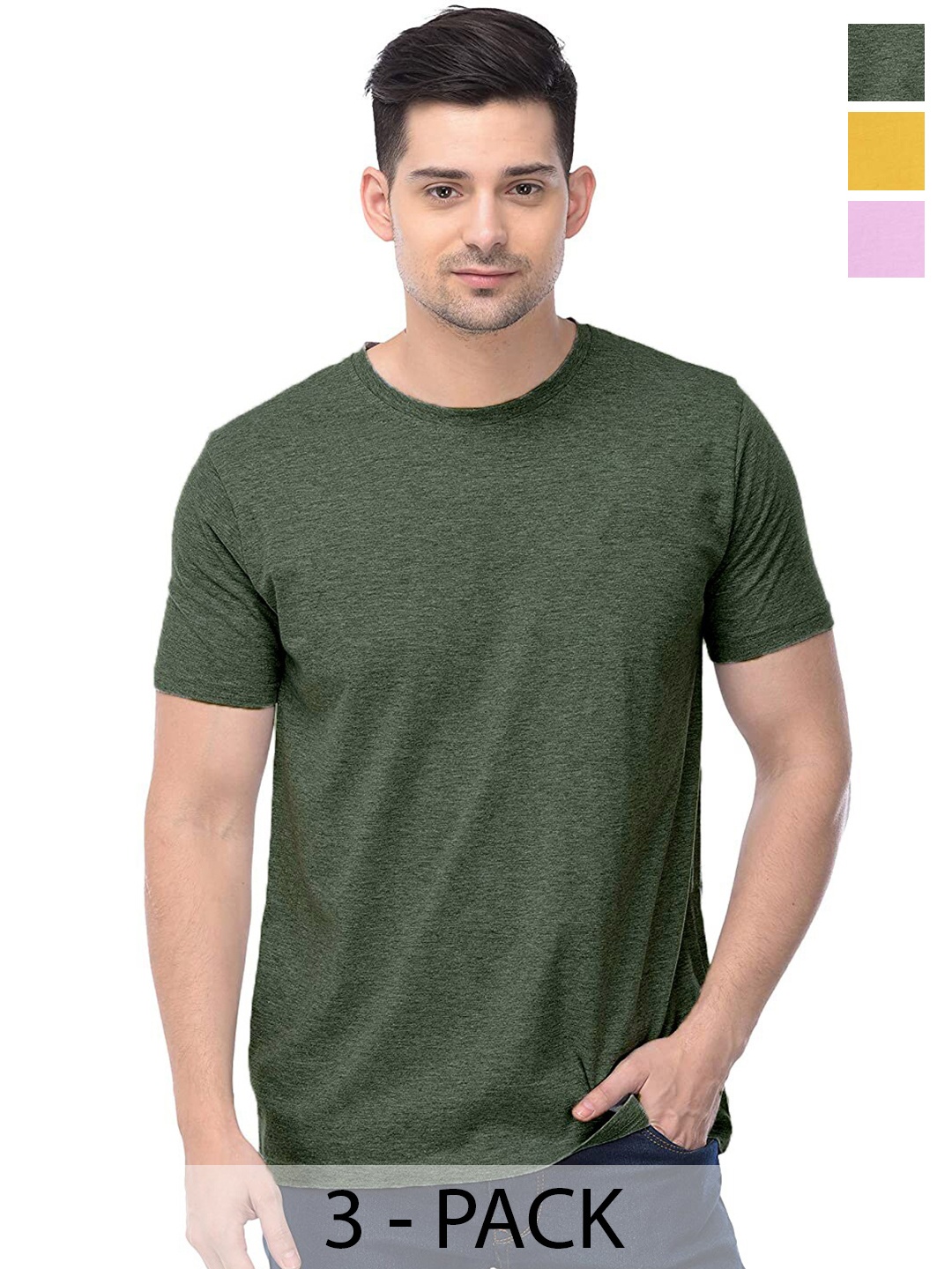 

COLOR CAPITAL Pack Of 3 Round Neck Short Sleeves Cotton T-shirts, Green