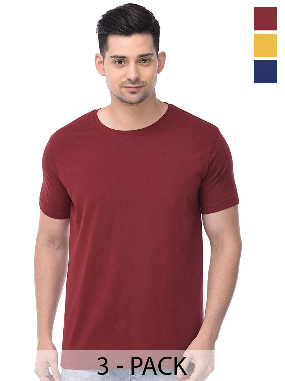 COLOR CAPITAL Pack Of 3 Round Neck Short Sleeves Cotton T-shirts, Maroon
