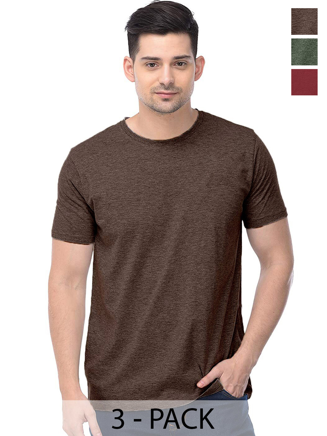 

COLOR CAPITAL Unisex Pack Of 3 Round Neck Cotton Casual T-shirt, Brown