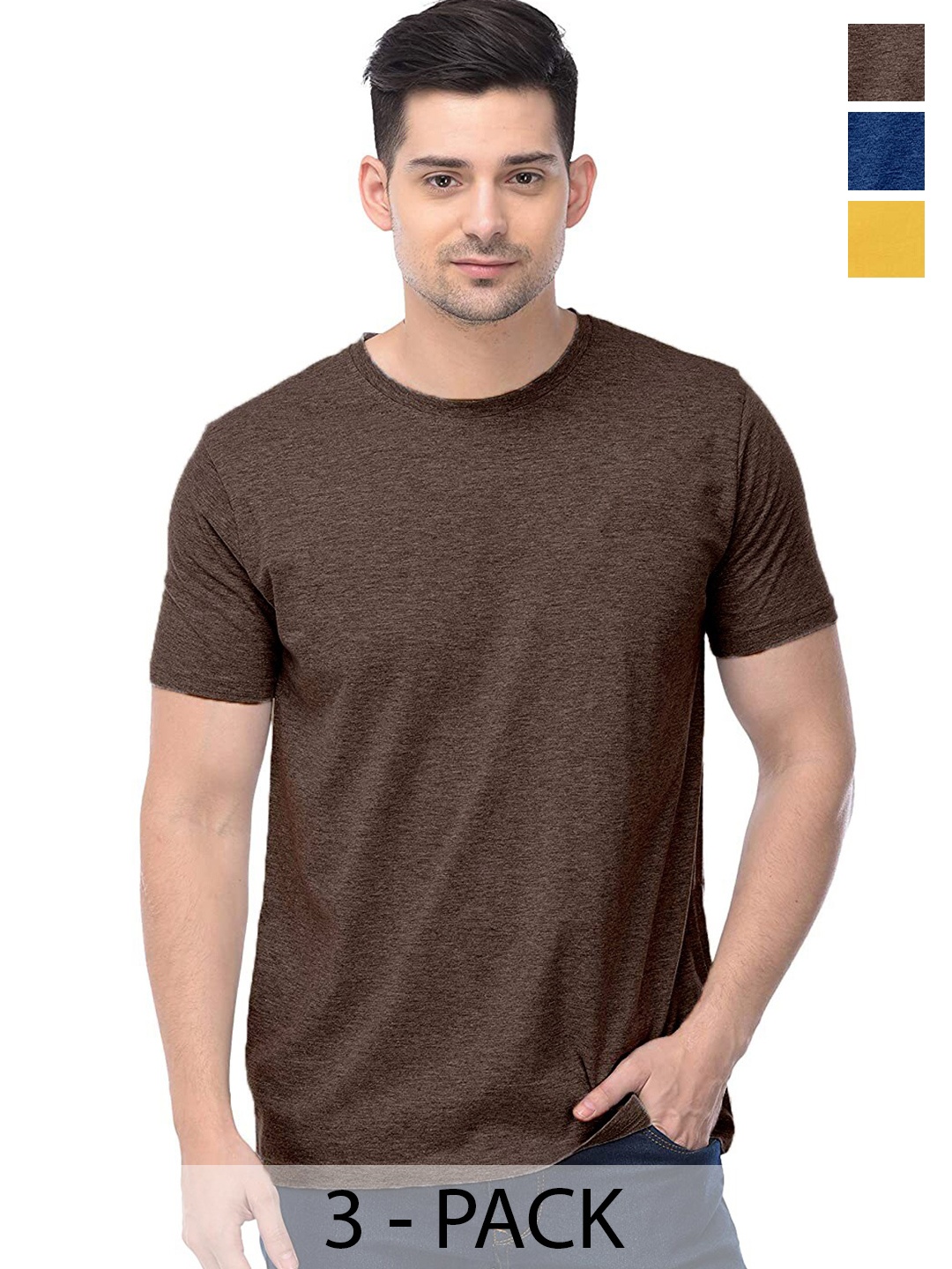 

COLOR CAPITAL Pack Of 3 Round Neck Short Sleeves Cotton T-shirts, Brown