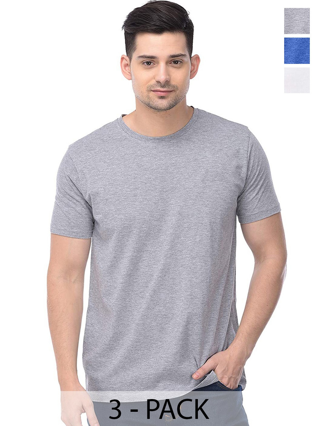 COLOR CAPITAL Pack Of 3 Round Neck Short Sleeves Cotton T-shirts, Grey