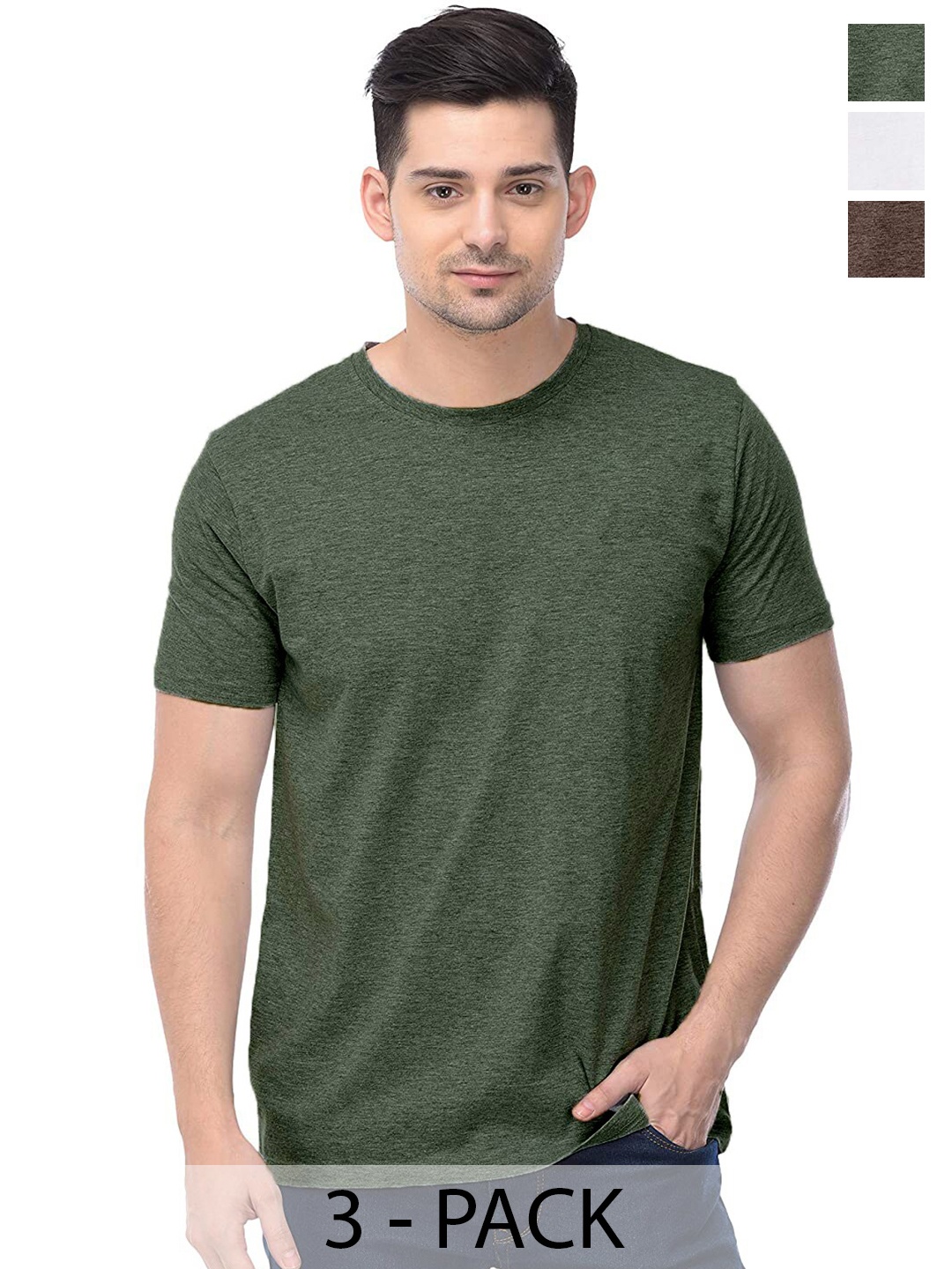 COLOR CAPITAL Unisex Pack Of 3 Regular Fit Cotton T-Shirts, Olive