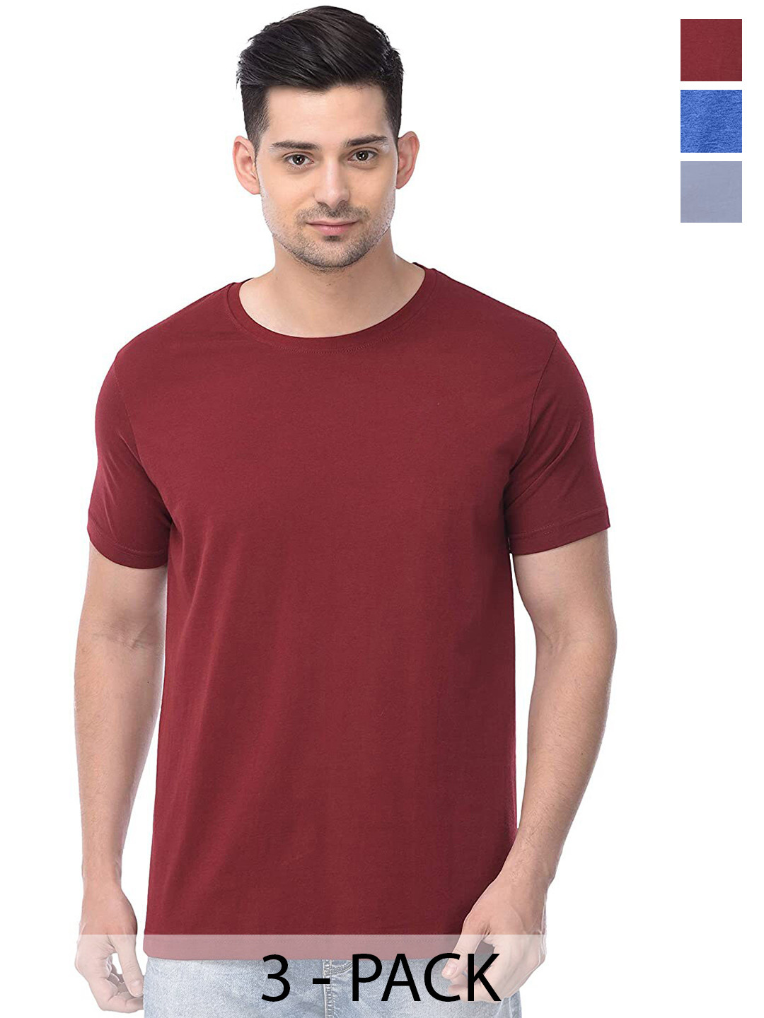 

COLOR CAPITAL Unisex Pack Of 3 Round Neck Cotton Casual T-shirt, Maroon