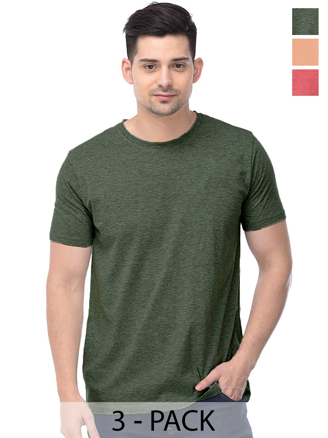 

COLOR CAPITAL Unisex Pack Of 3 Round Neck Cotton T-shirts, Green