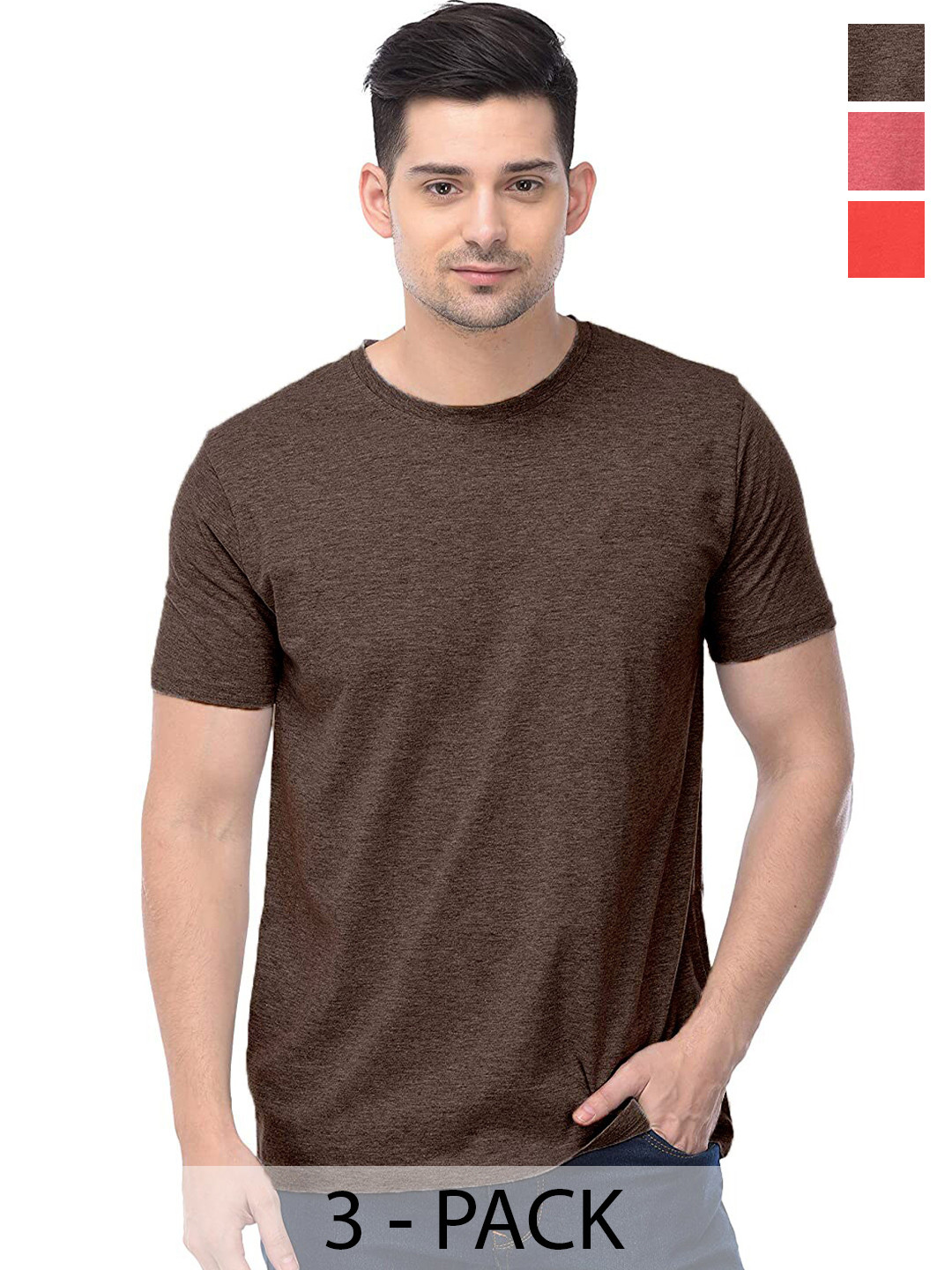 

COLOR CAPITAL Unisex Pack Of 3 Round Neck Casual Cotton T-shirt, Brown