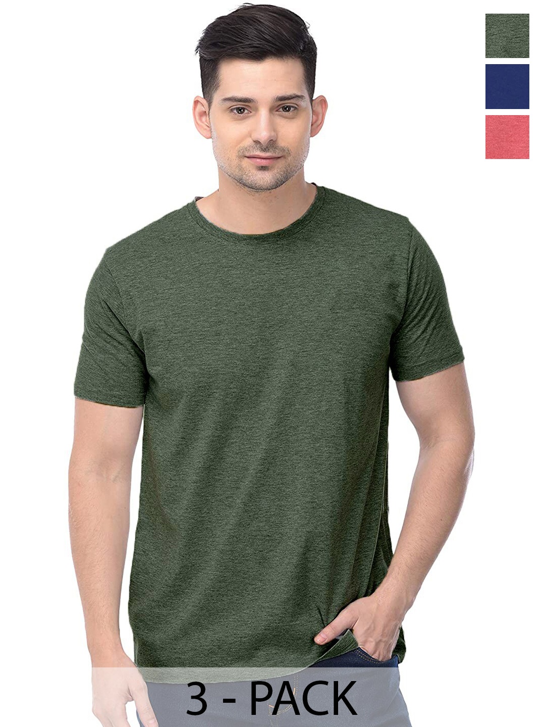 COLOR CAPITAL Pack Of 3 Round Neck Short Sleeves Cotton T-shirts, Green