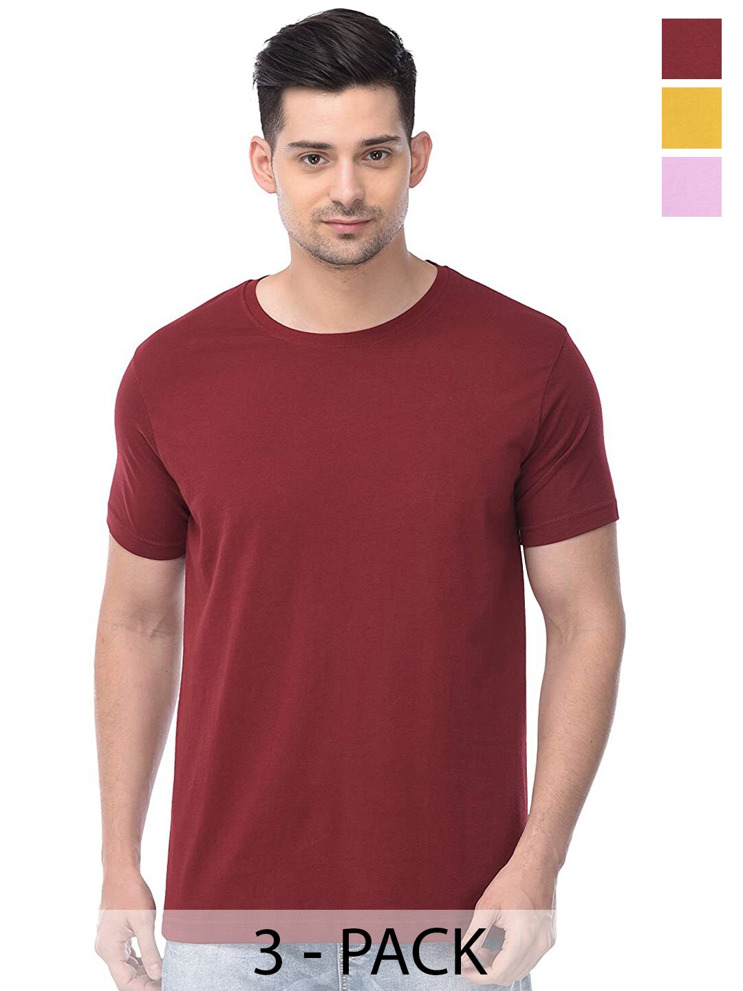 COLOR CAPITAL Pack Of 3 Round Neck Cotton T-shirts, Maroon