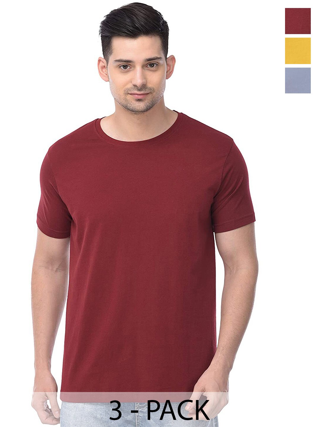 

COLOR CAPITAL Unisex Pack Of 3 Round Neck Cotton T-shirts, Maroon