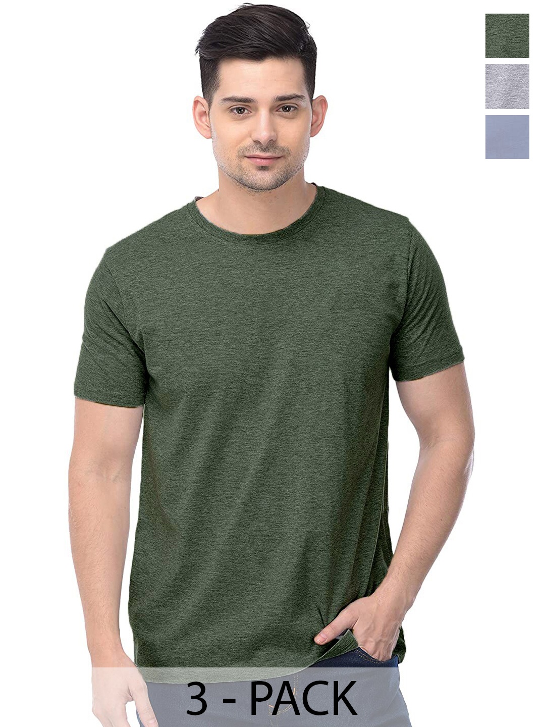 

COLOR CAPITAL Unisex Pack Of 3 Regular Fit Cotton T-Shirts, Olive