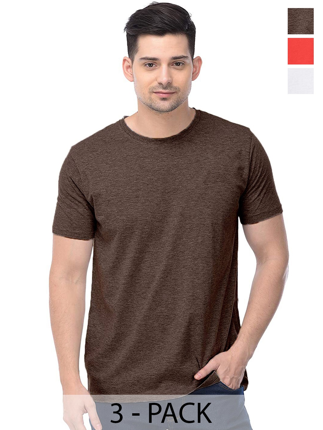 

COLOR CAPITAL Unisex Pack Of 3 Round Neck Cotton T-shirts, Brown
