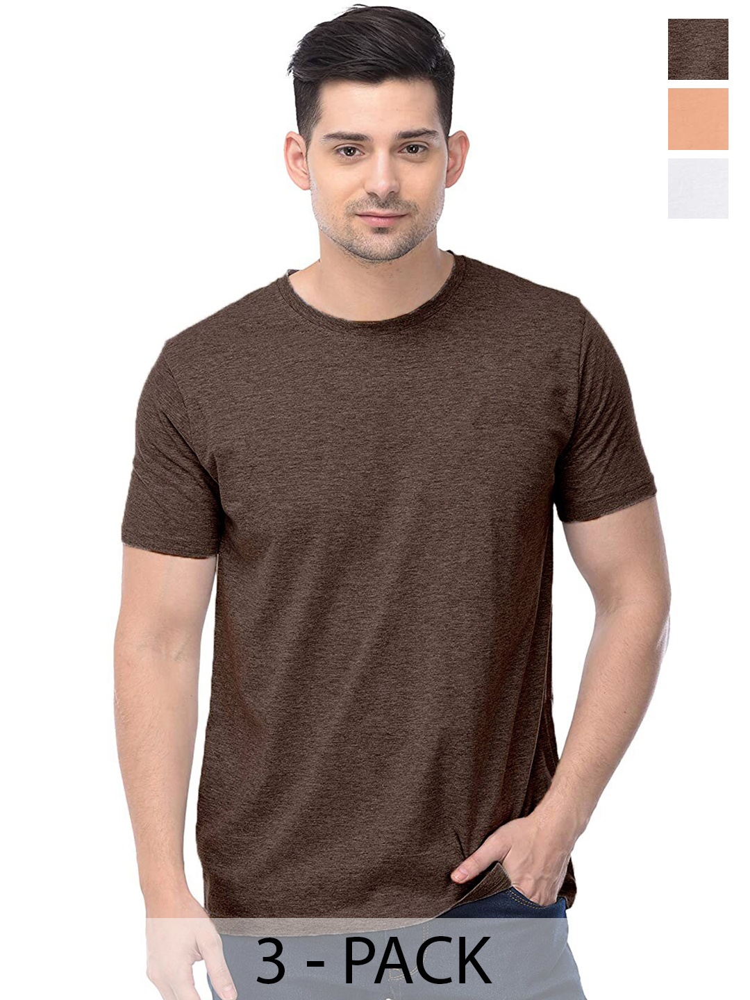 

COLOR CAPITAL Unisex Pack Of 3 Round Neck Cotton Casual T-shirt, Brown
