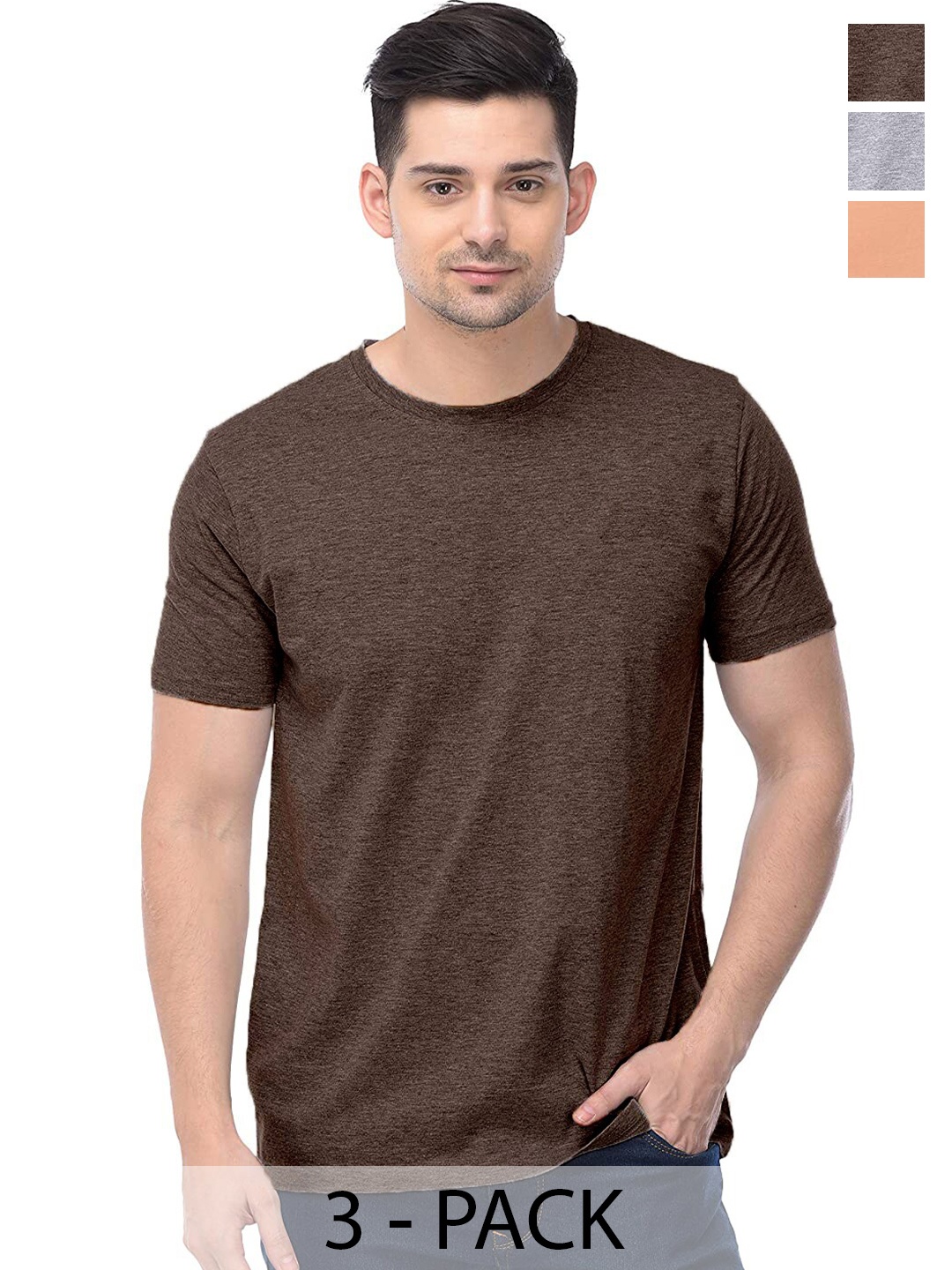 

COLOR CAPITAL Unisex Pack Of 3 Round Neck Casual Cotton T-shirt, Brown