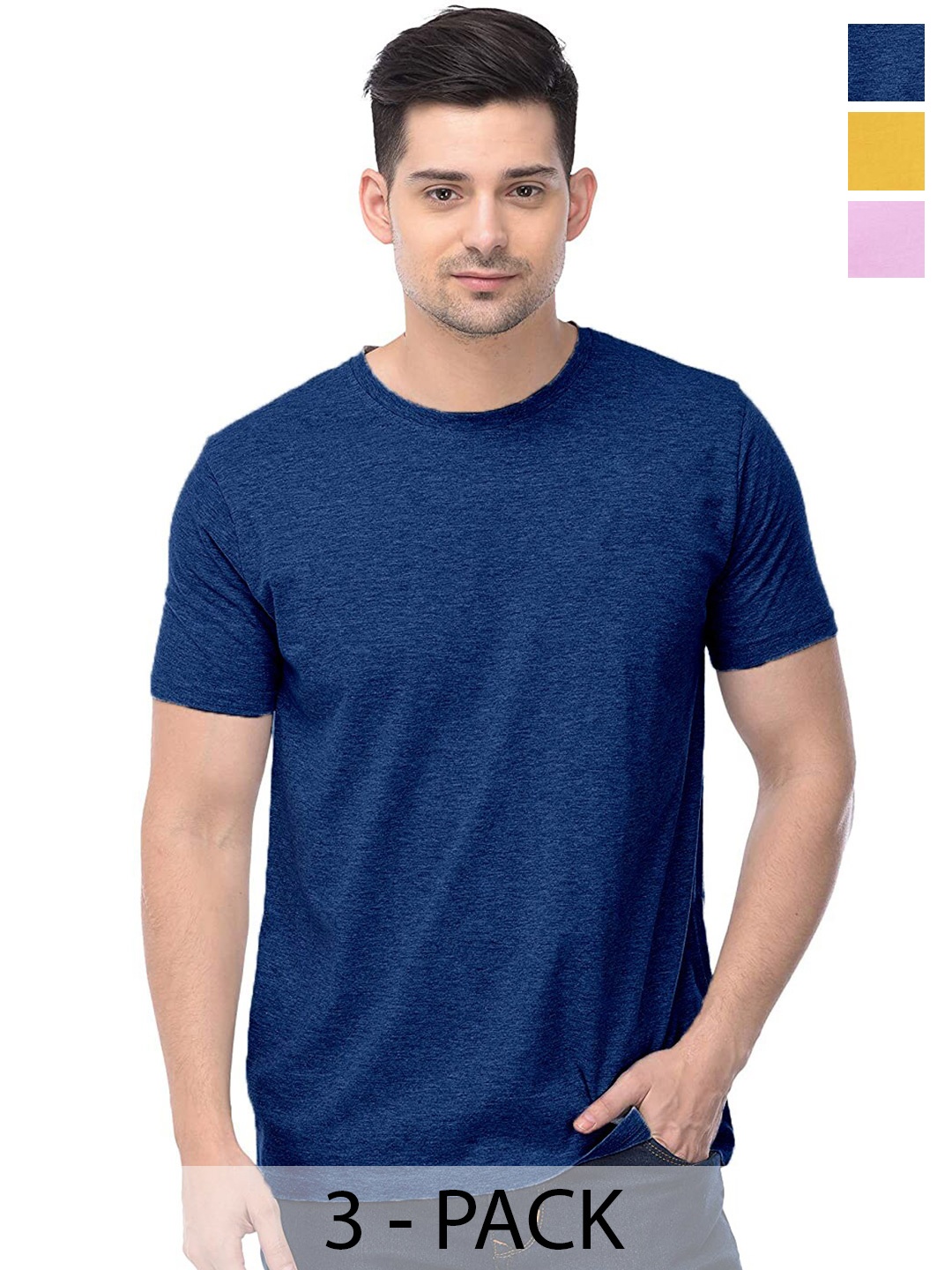 COLOR CAPITAL Pack Of 3 Round Neck Cotton T-shirt, Navy blue