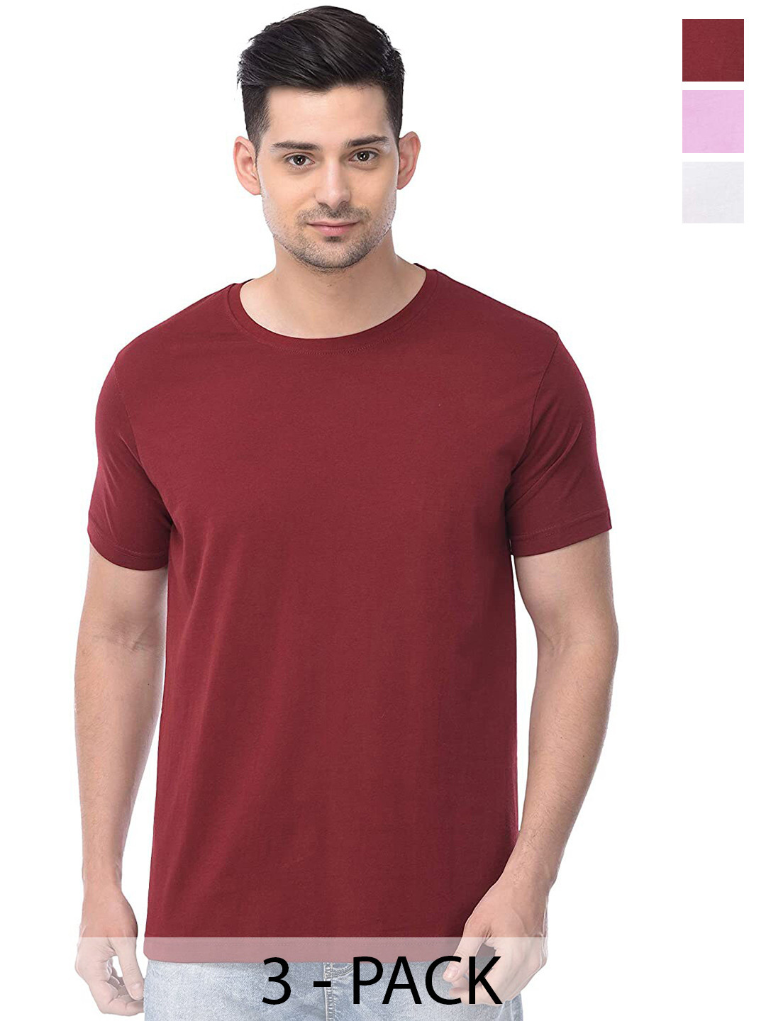 

COLOR CAPITAL Pack Of 3 Round Neck Cotton T-shirts, Maroon