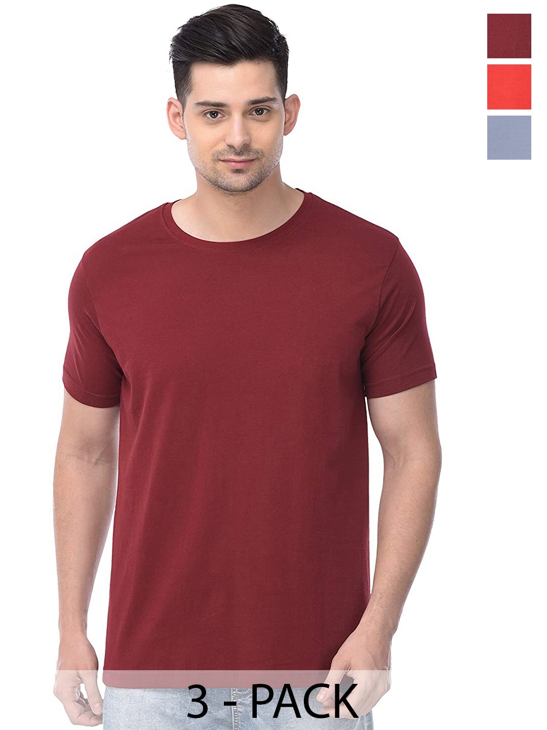 

COLOR CAPITAL Pack Of 3 Round Neck Cotton T-shirt, Maroon