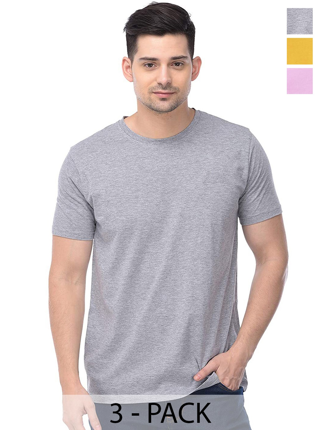 COLOR CAPITAL Pack Of 3 Round Neck Short Sleeves Cotton T-shirts, Grey