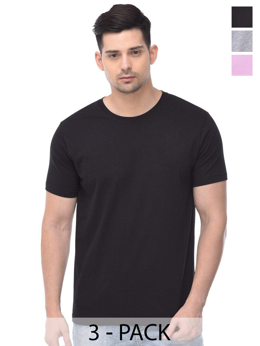 

COLOR CAPITAL Unisex Pack Of 3 Round Neck Casual Cotton T-shirt, Black