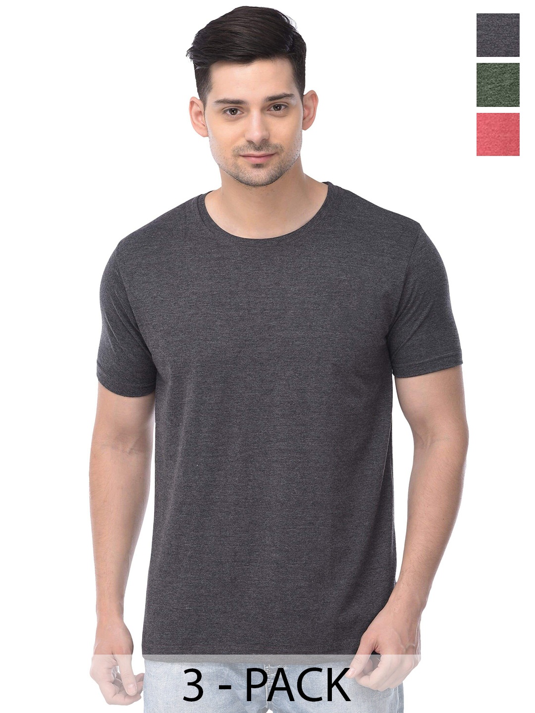 

COLOR CAPITAL Pack Of 3 Round Neck Short Sleeves Cotton T-shirts, Grey