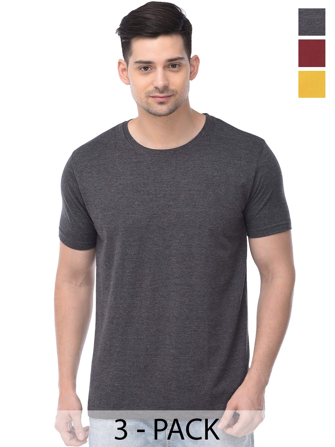 COLOR CAPITAL Unisex Pack Of 3 Round Neck Casual Cotton T-shirt, Charcoal