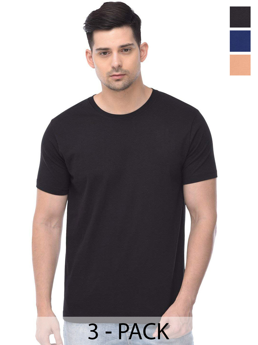 

COLOR CAPITAL Pack Of 3 Round Neck Cotton T-shirts, Black
