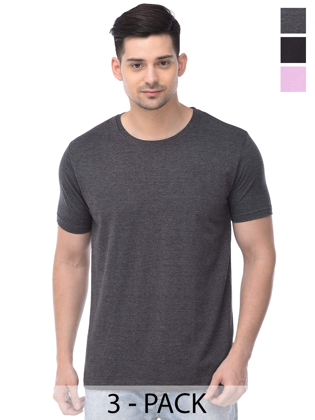 

COLOR CAPITAL Unisex Pack Of 3 Regular Fit Cotton T-Shirts, Grey melange