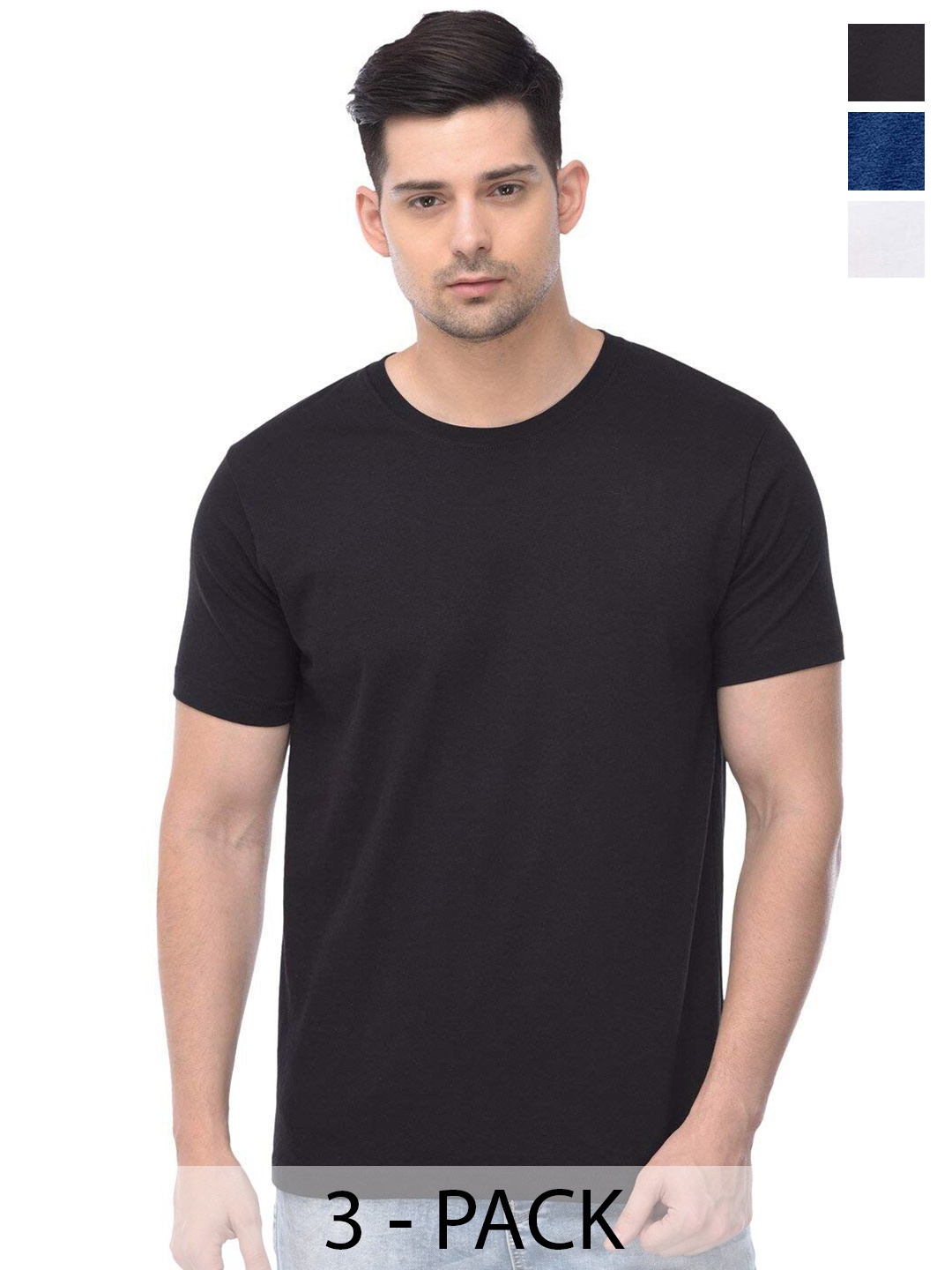

COLOR CAPITAL Pack Of 3 Round Neck Short Sleeves Cotton T-shirts, Black