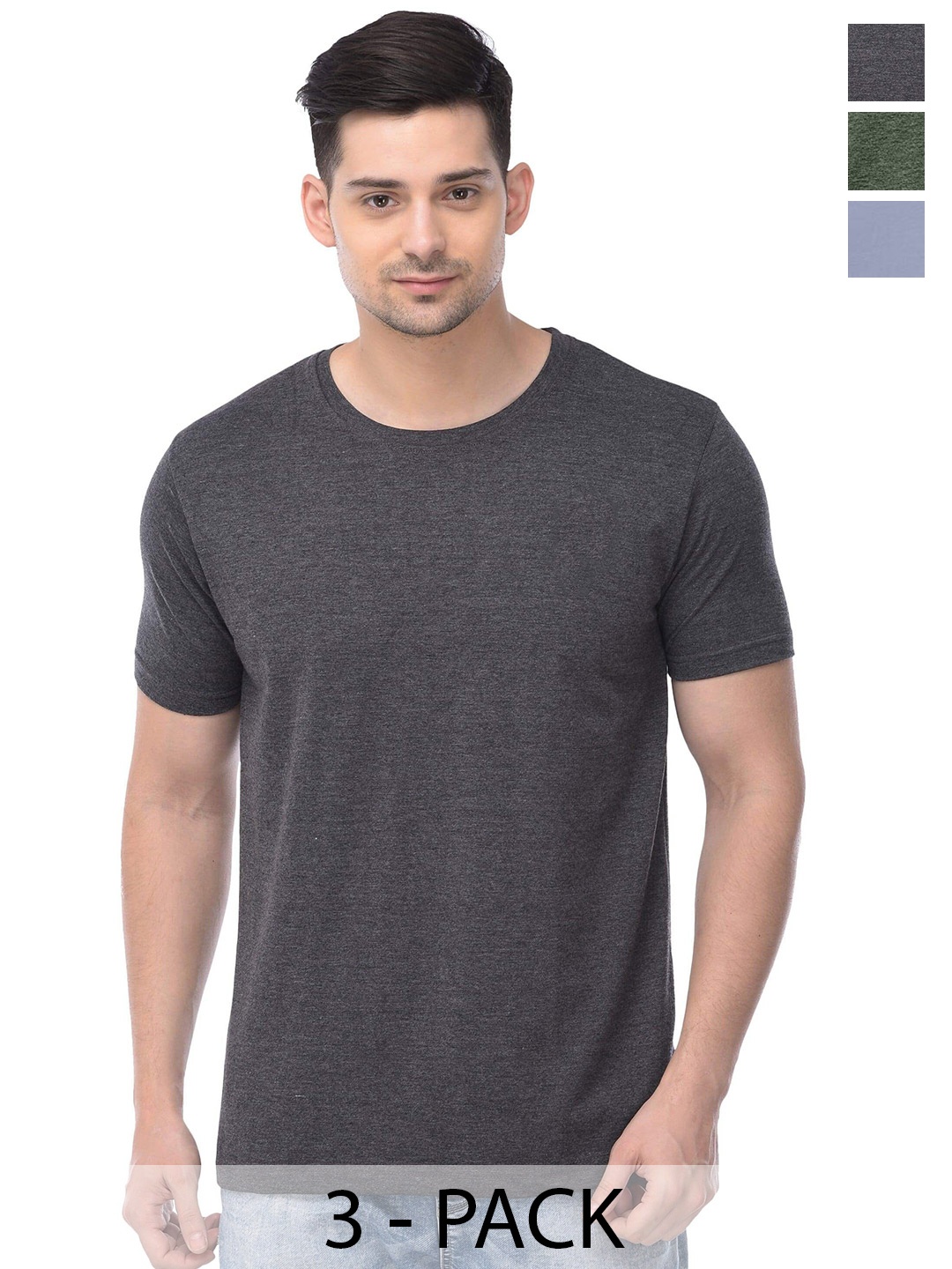 COLOR CAPITAL Unisex Pack Of 3 Round Neck Cotton T-shirts, Charcoal