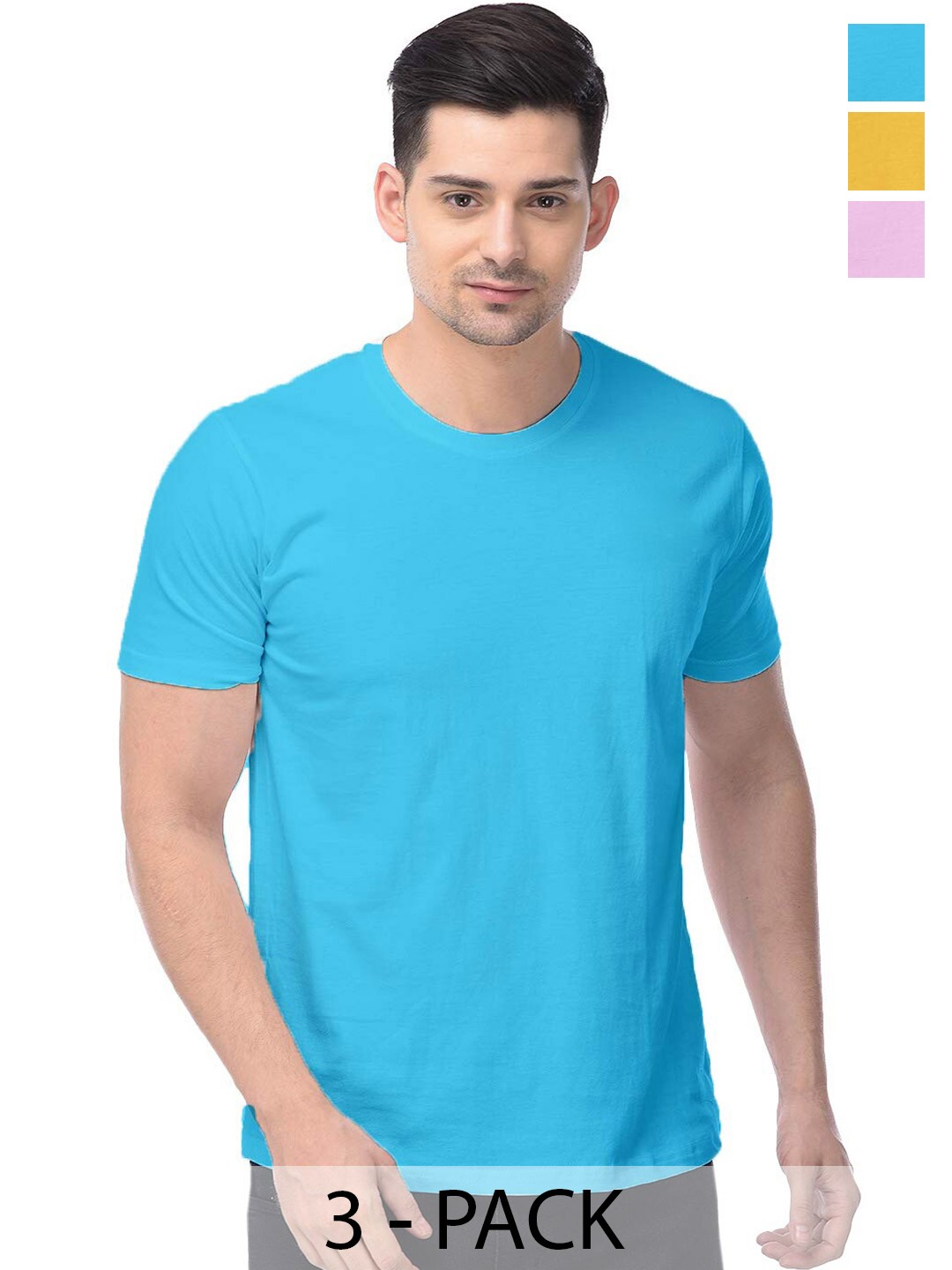

COLOR CAPITAL Unisex Pack Of 3 Round Neck Cotton Casual T-shirt, Blue