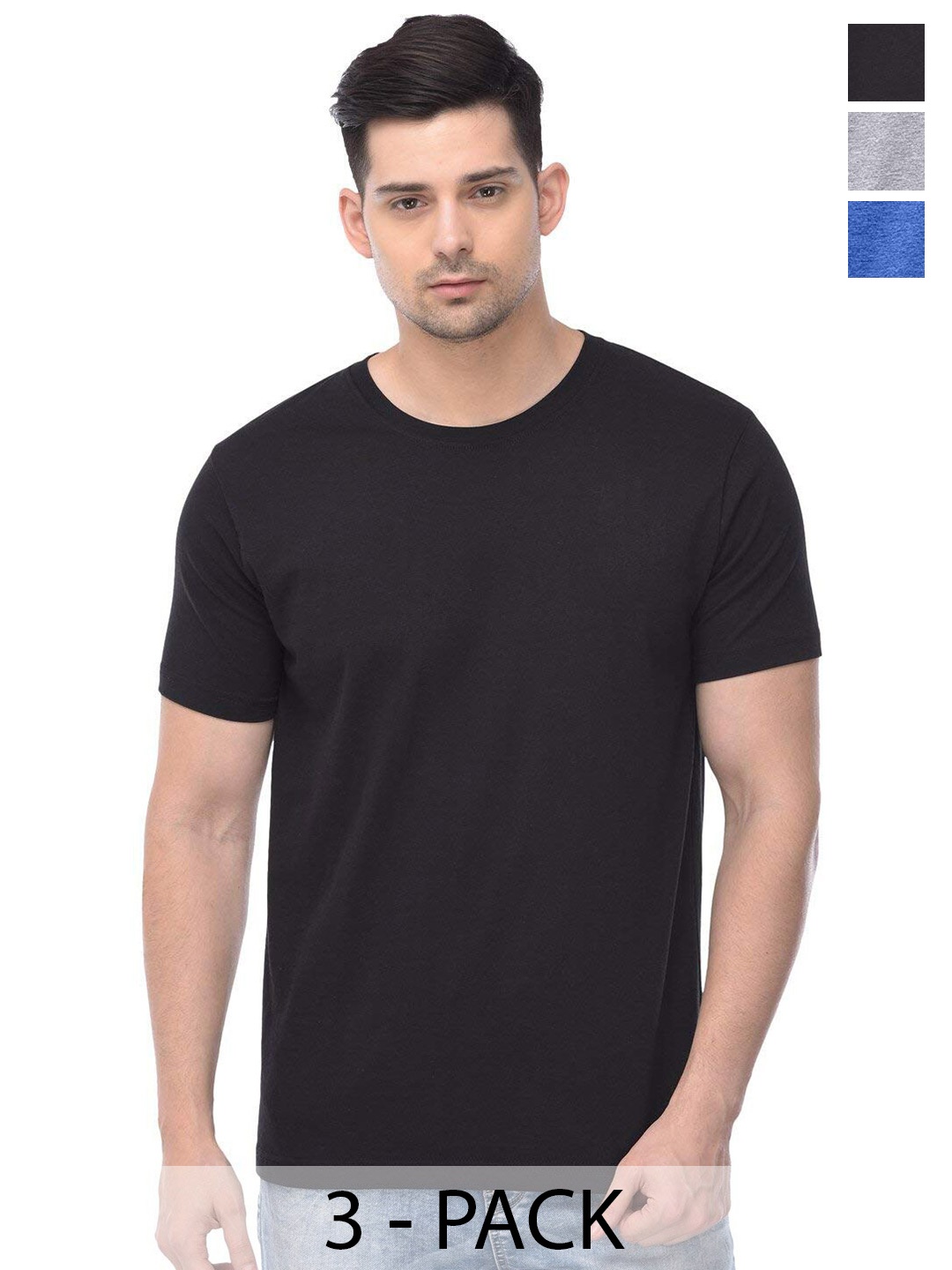 

COLOR CAPITAL Pack Of 3 Round Neck Cotton T-shirts, Black