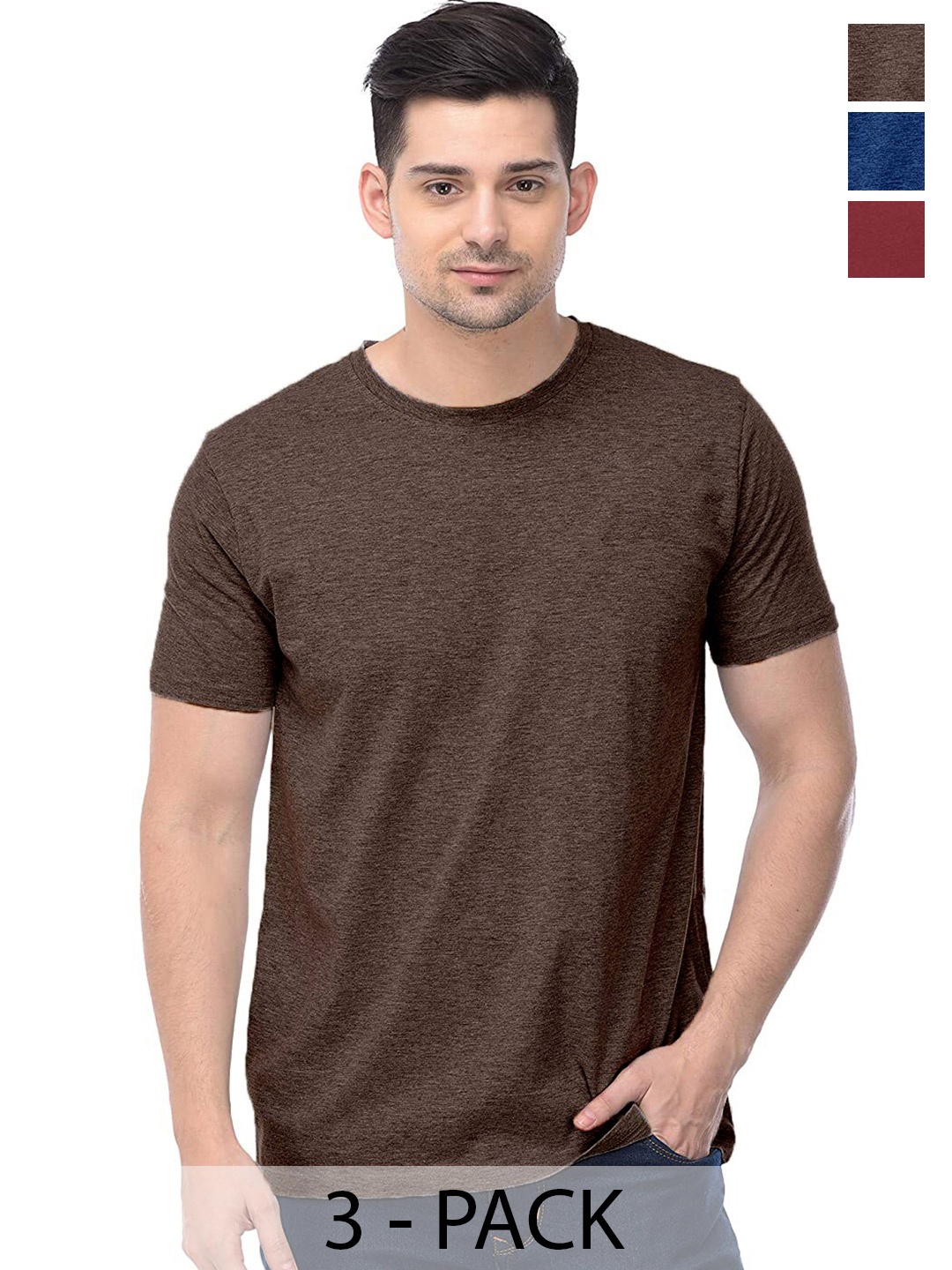 

COLOR CAPITAL Pack Of 3 Round Neck Short Sleeves Cotton T-shirts, Brown