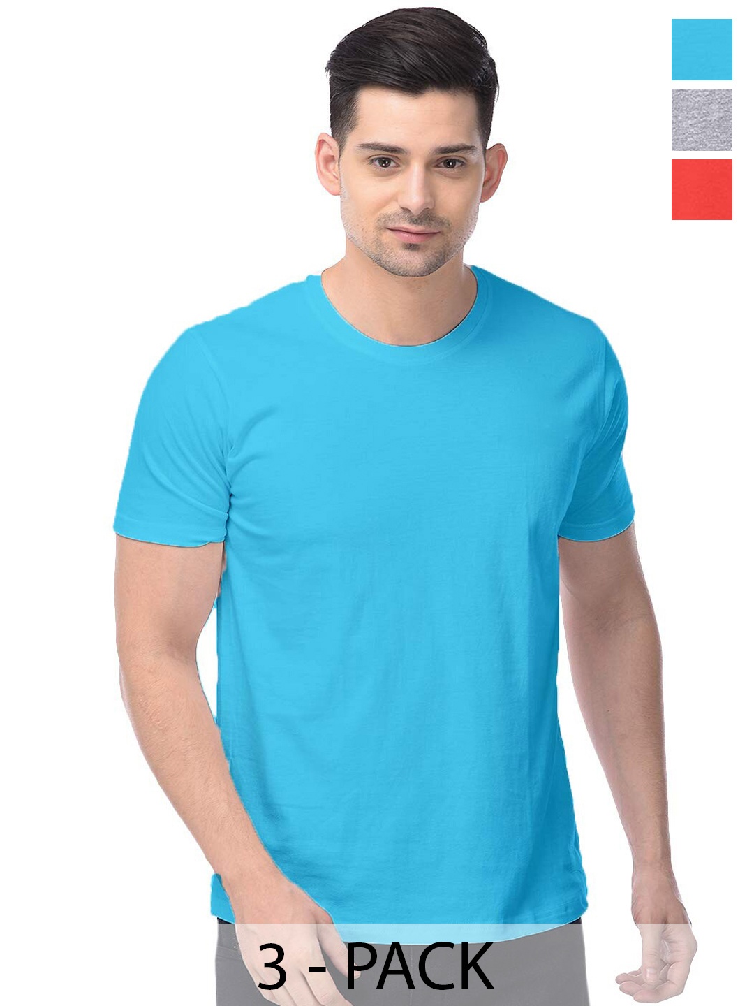 

COLOR CAPITAL Pack Of 3 Round Neck Short Sleeves Cotton T-shirts, Blue