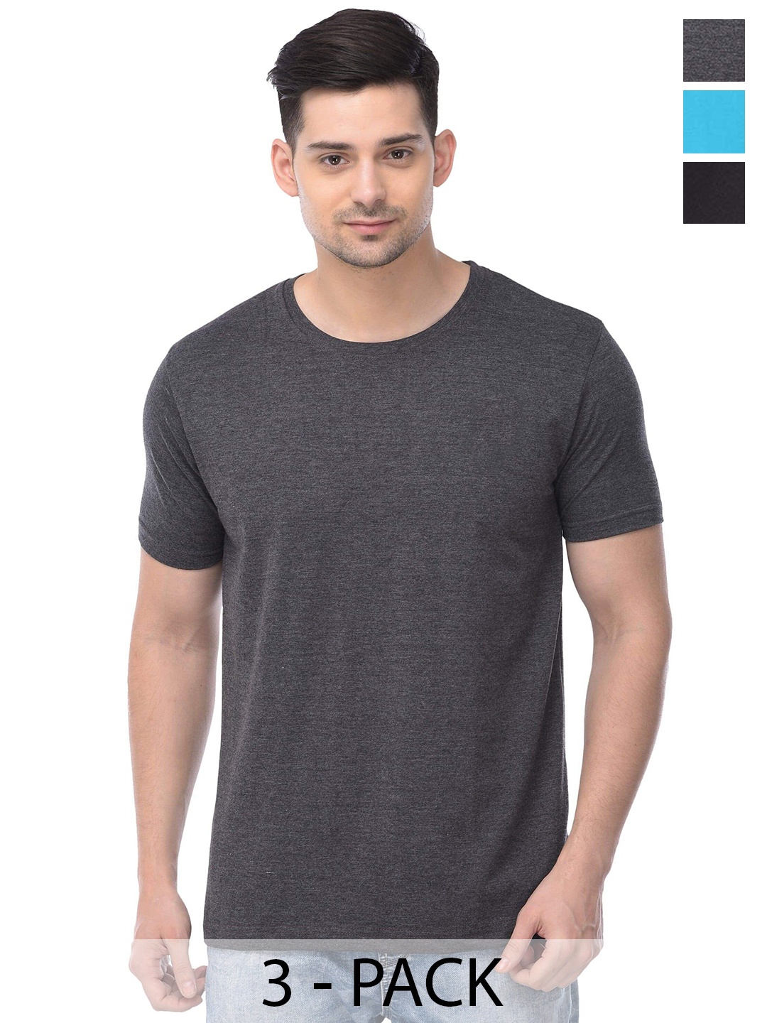 

COLOR CAPITAL Unisex Pack Of 3 Round Neck Cotton T-shirts, Charcoal