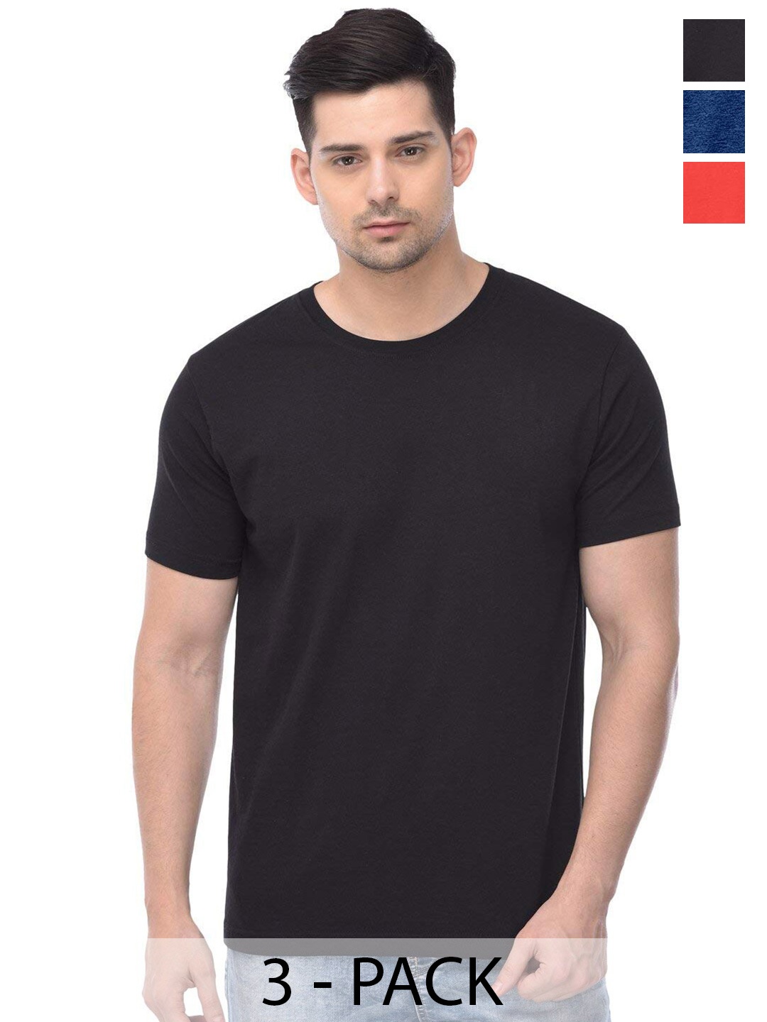 

COLOR CAPITAL Unisex Pack Of 3 Round Neck Casual Cotton T-shirt, Black