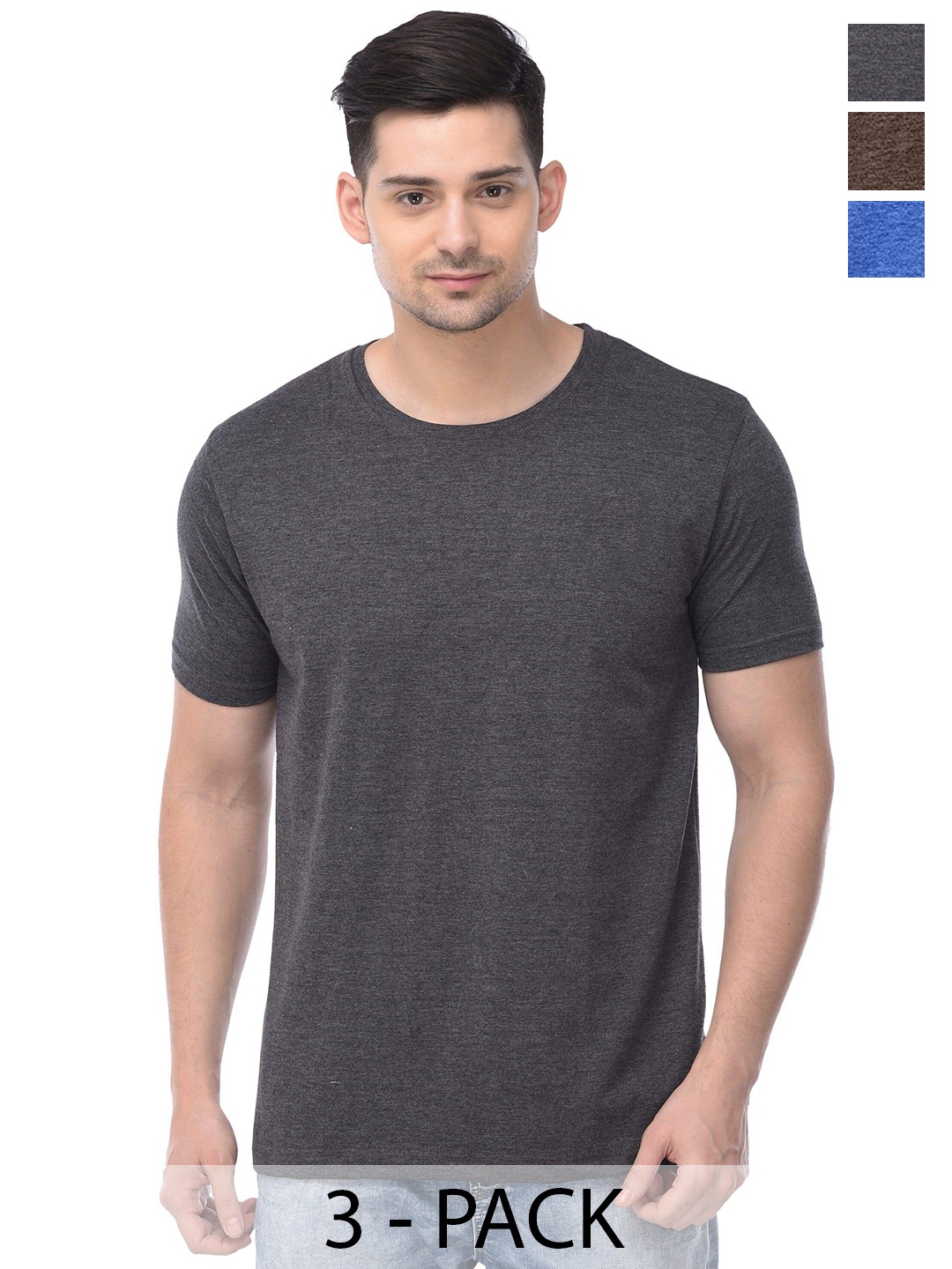 

COLOR CAPITAL Pack Of 3 Round Neck Short Sleeves Cotton T-shirts, Grey