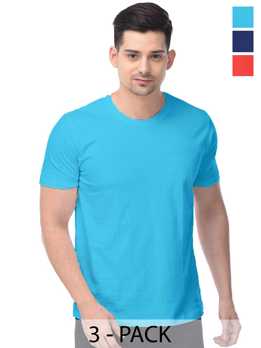 

COLOR CAPITAL Pack Of 3 Round Neck Short Sleeves Cotton T-shirts, Blue