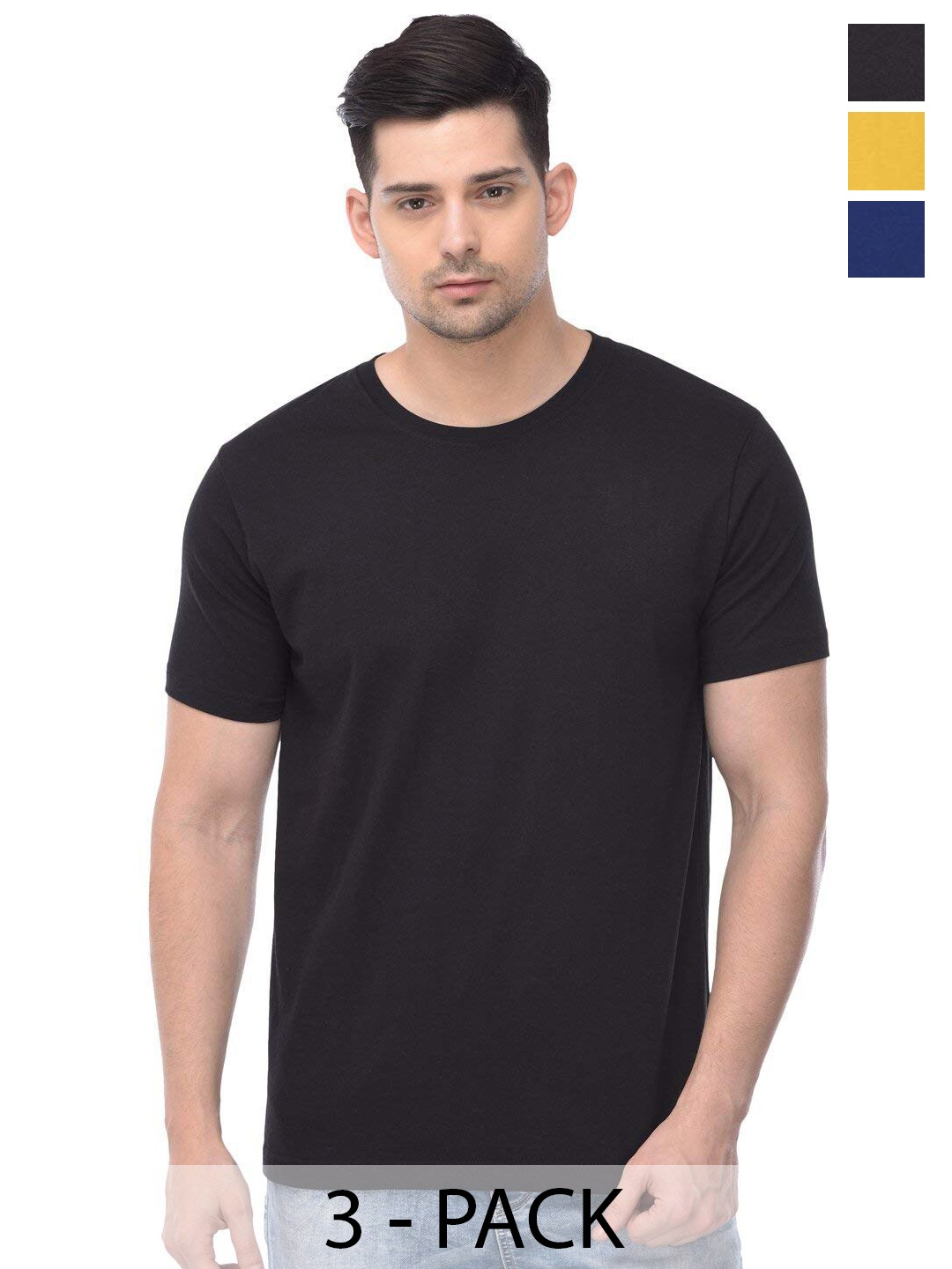 

COLOR CAPITAL Pack Of 3 Round Neck Short Sleeves Cotton T-shirts, Black
