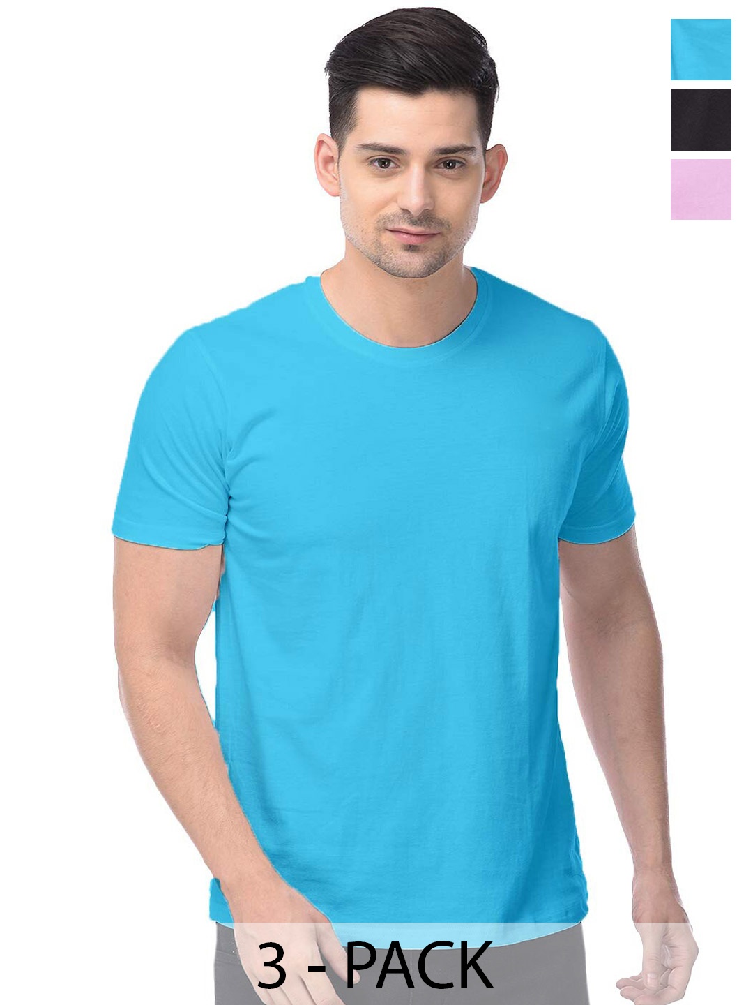 COLOR CAPITAL Pack Of 3 Round Neck Short Sleeves Cotton T-shirts, Blue