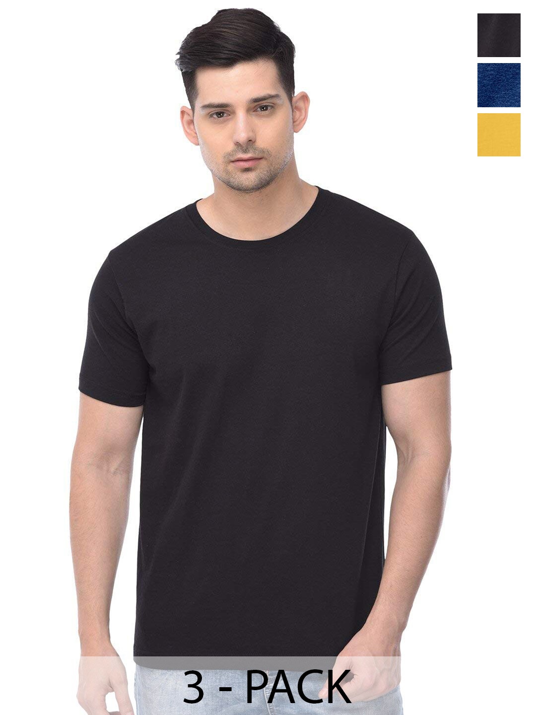 

COLOR CAPITAL Pack Of 3 Round Neck Short Sleeves Cotton T-shirts, Black