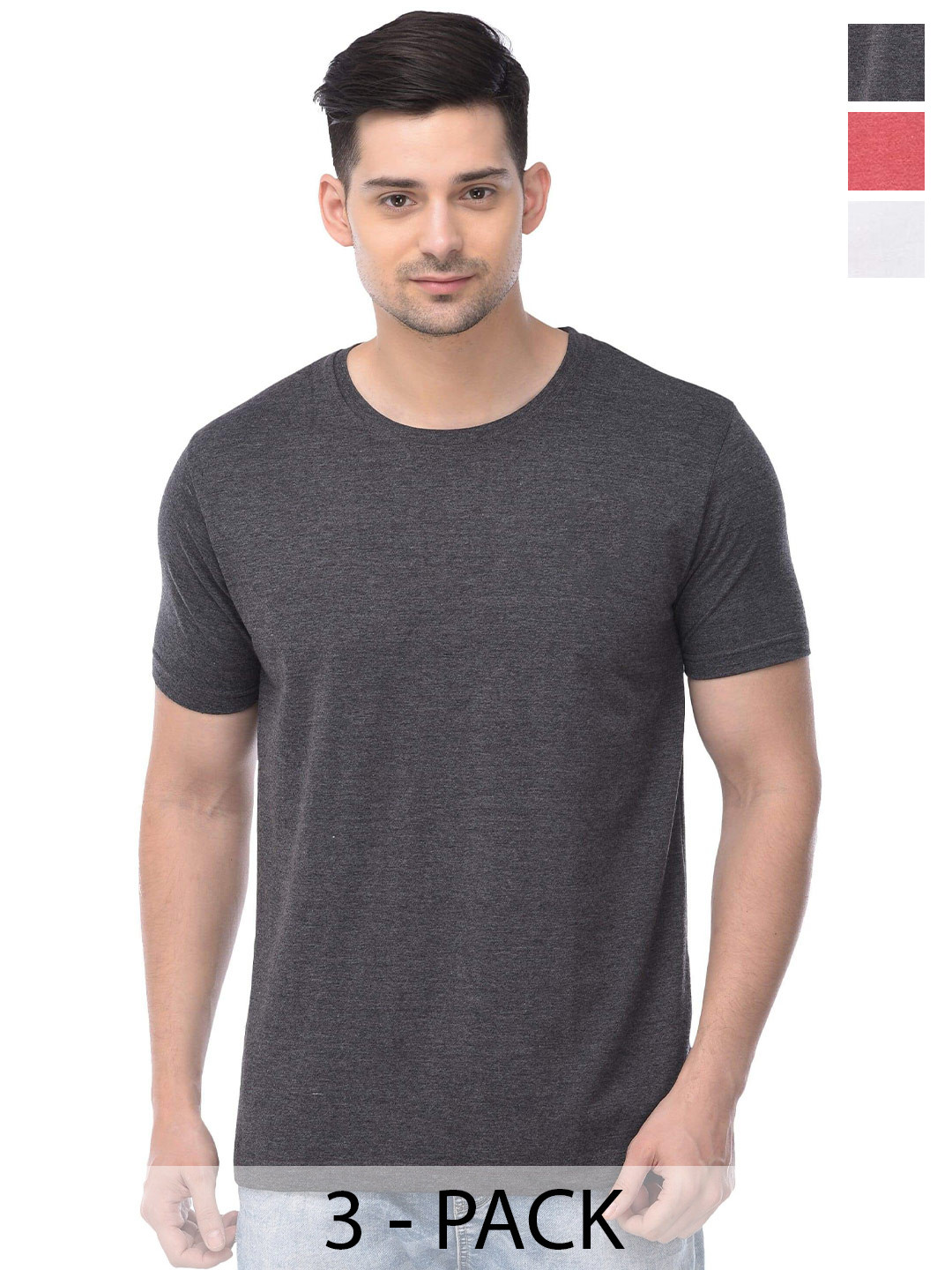 

COLOR CAPITAL Pack Of 3 Round Neck Short Sleeves Cotton T-shirts, Grey