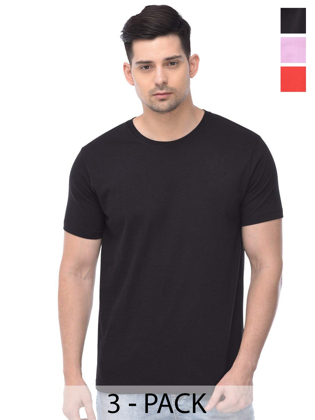 

COLOR CAPITAL Unisex Pack Of 3 Round Neck Cotton Casual T-shirt, Black