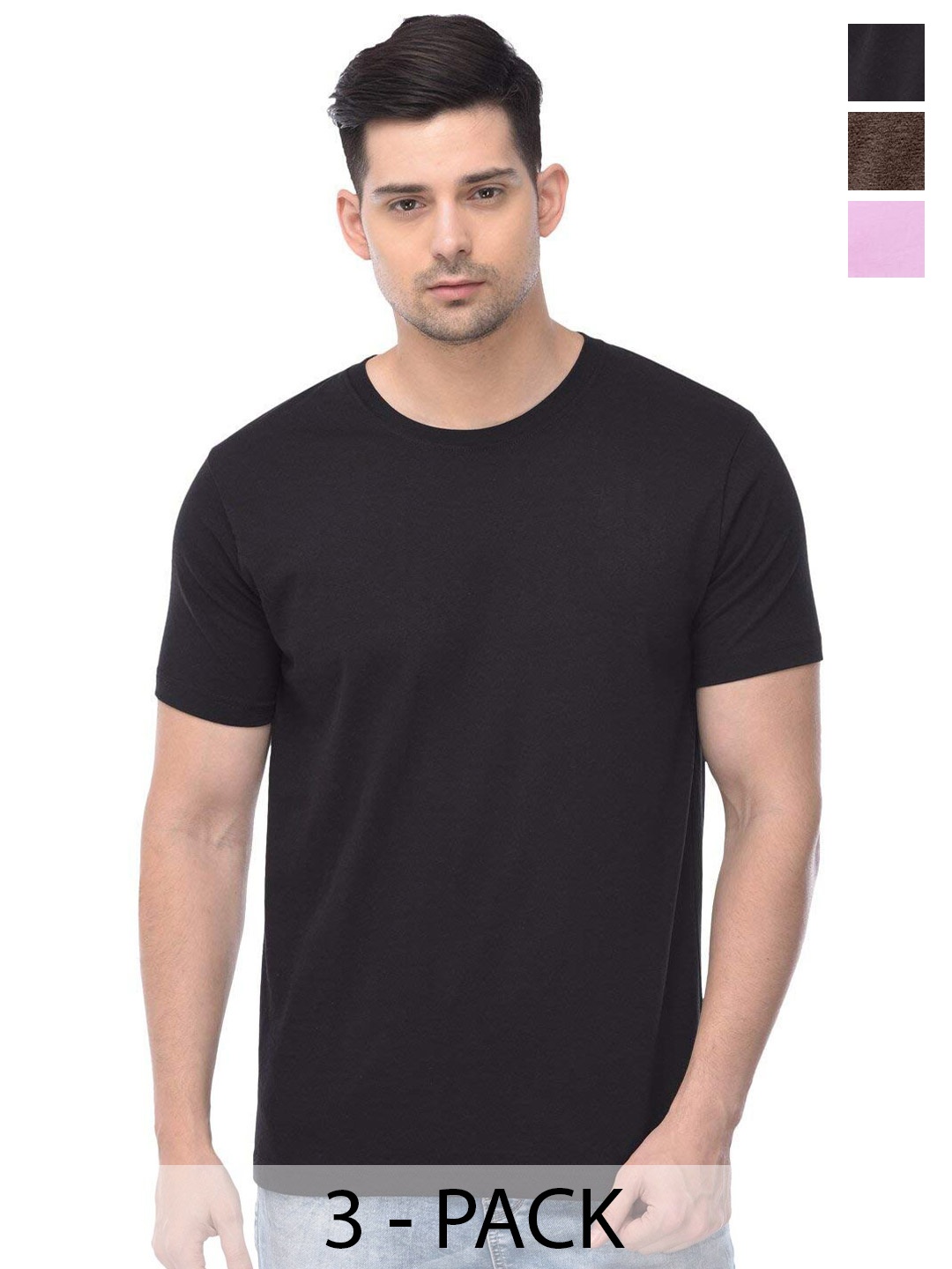 COLOR CAPITAL Pack Of 3 Round Neck Short Sleeves Cotton T-shirts, Black