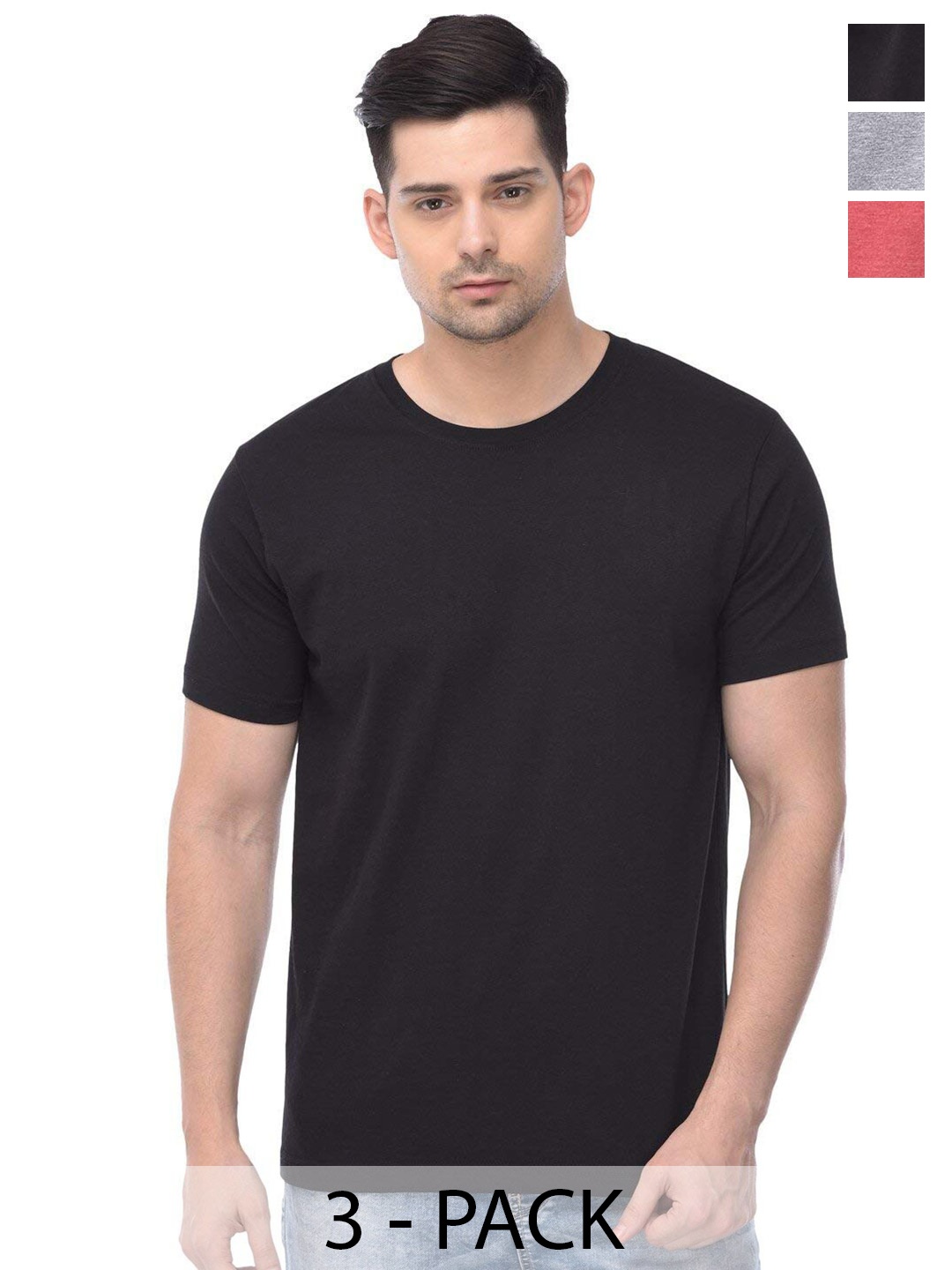 

COLOR CAPITAL Pack Of 3 Round Neck Cotton T-shirts, Black