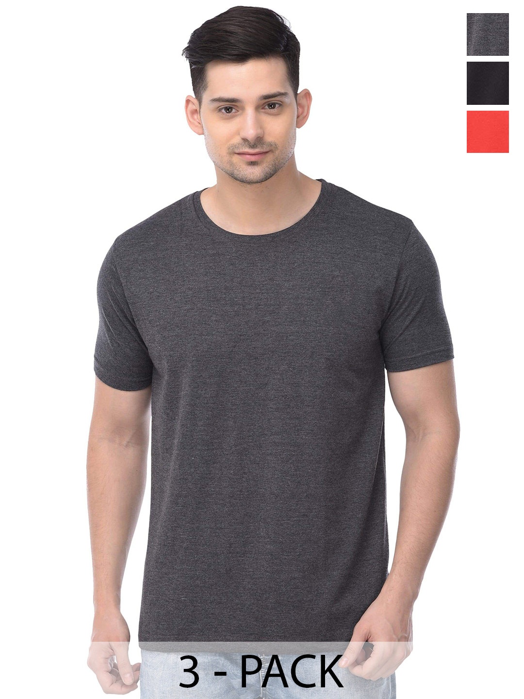 

COLOR CAPITAL Unisex Pack Of 3 Round Neck Casual Cotton T-shirt, Charcoal