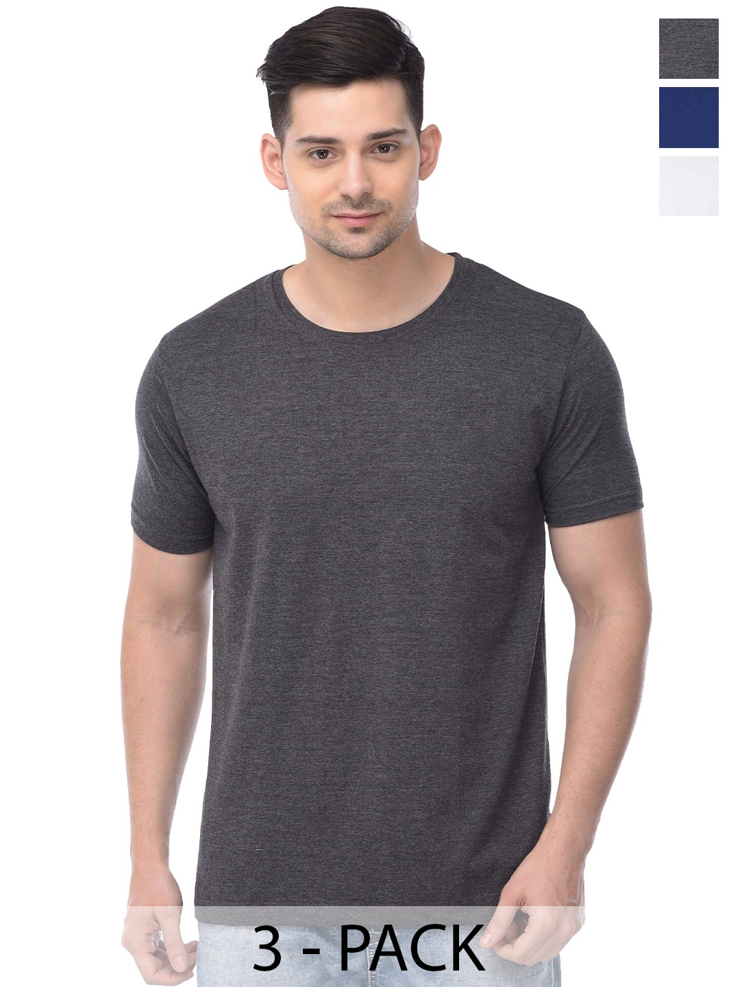 

COLOR CAPITAL Pack Of 3 Round Neck Short Sleeves Cotton T-shirts, Grey