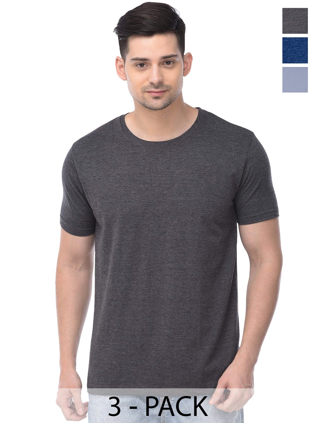 

COLOR CAPITAL Pack Of 3 Round Neck Short Sleeves Cotton T-shirts, Grey
