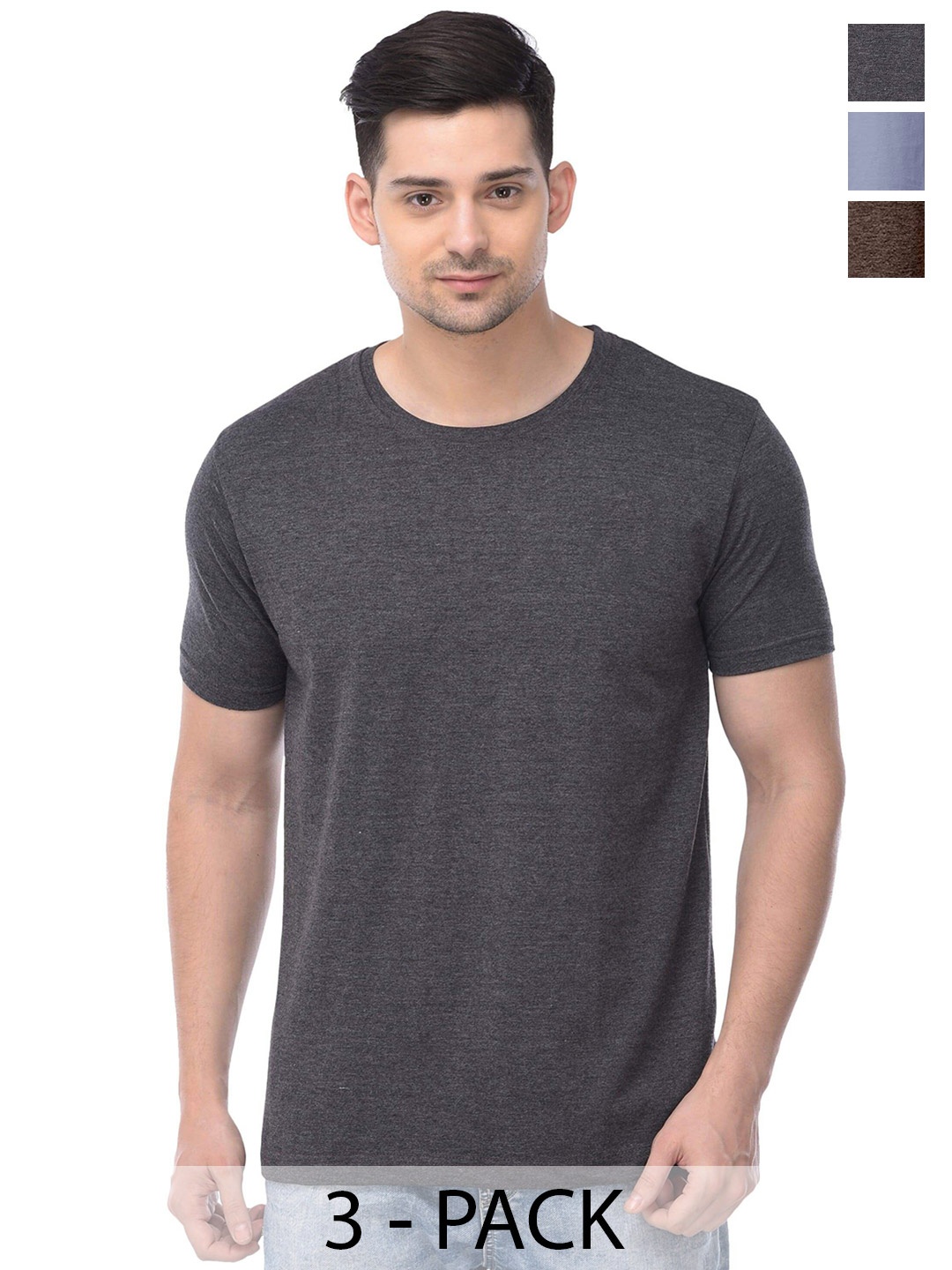 

COLOR CAPITAL Pack Of 3 Round Neck Short Sleeves Cotton T-shirts, Grey