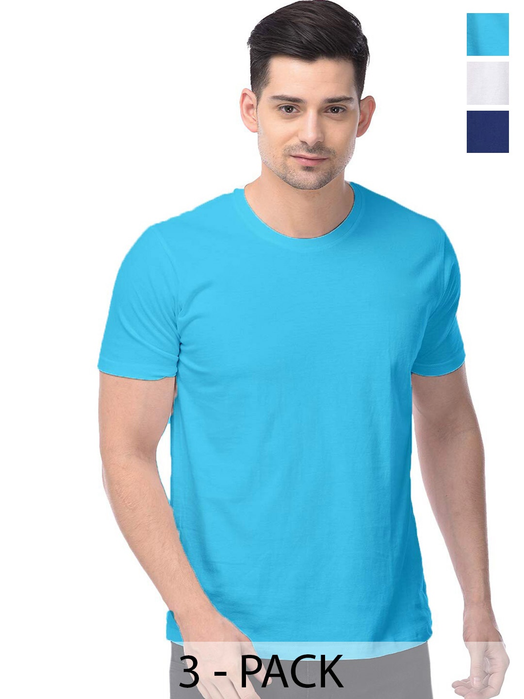

COLOR CAPITAL Unisex Pack Of 3 Round Neck Cotton T-shirts, Blue
